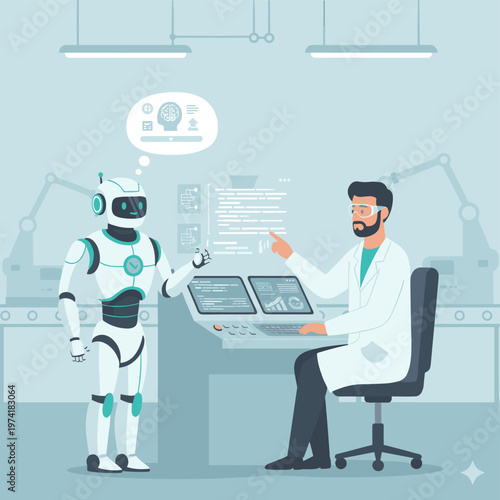 Concept flat vector illustration of manufacturing and AI robots.