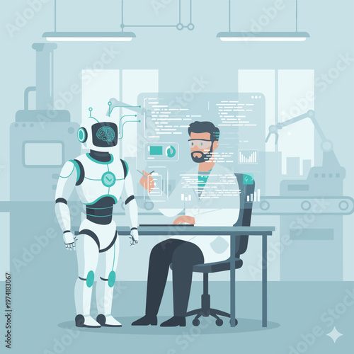 Concept flat vector illustration of manufacturing and AI robots.
