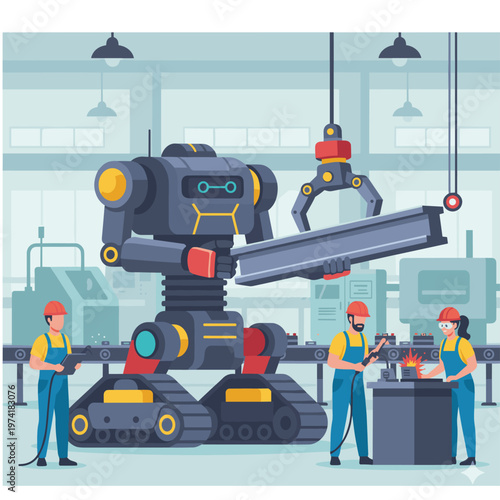 Concept flat vector illustration of manufacturing and AI robots.