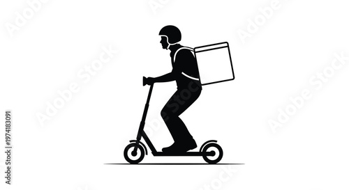 Delivery person riding a scooter carrying food in a box silhouette