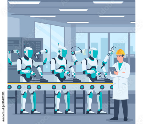 Concept flat vector illustration of manufacturing and AI robots.