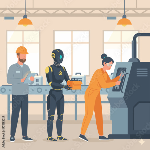 Concept flat vector illustration of manufacturing and AI robots.