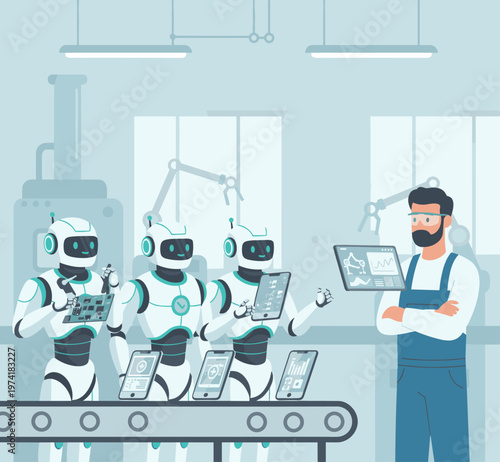 Concept flat vector illustration of manufacturing and AI robots.