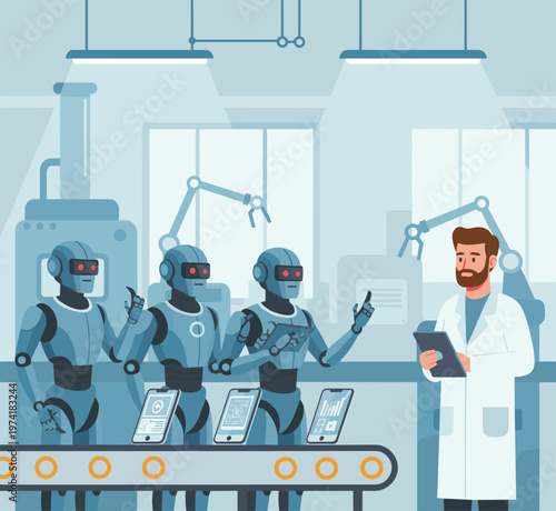 Concept flat vector illustration of manufacturing and AI robots.