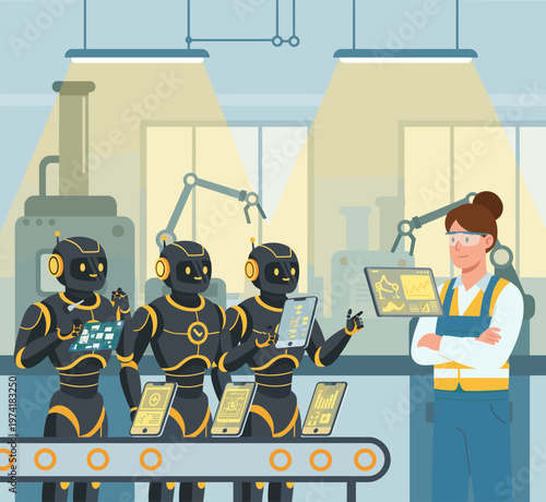 Concept flat vector illustration of manufacturing and AI robots.