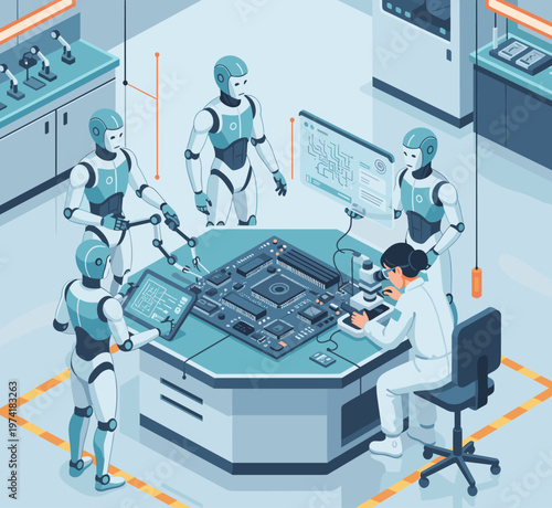 Concept flat vector illustration of manufacturing and AI robots.