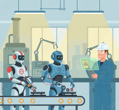 Concept flat vector illustration of manufacturing and AI robots.