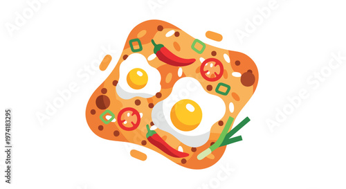 A vibrant, flat-style illustration of a breakfast plate featuring fried eggs, tomatoes, chili peppers, and green onions. The dish rests on a bed of savory, textured food