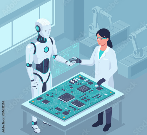 Concept flat vector illustration of manufacturing and AI robots.