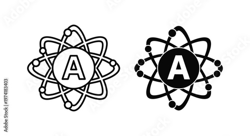 Two atomic models with a central a shown in black and white silhouette