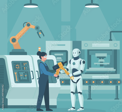 Concept flat vector illustration of manufacturing and AI robots.