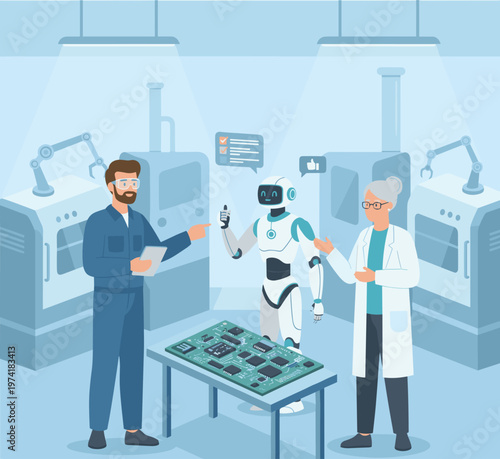 Concept flat vector illustration of manufacturing and AI robots.