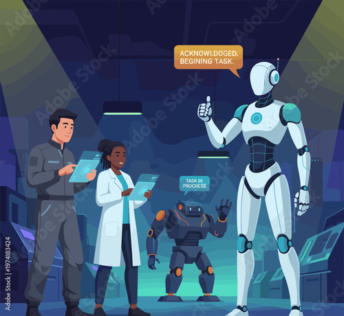 Concept flat vector illustration of manufacturing and AI robots.