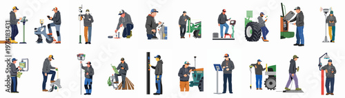 Set of flat vector illustrations depicting professional workers using advanced GPS technology, tablets, and machinery for precision agriculture and land surveying.