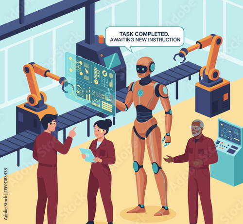 Concept flat vector illustration of manufacturing and AI robots.