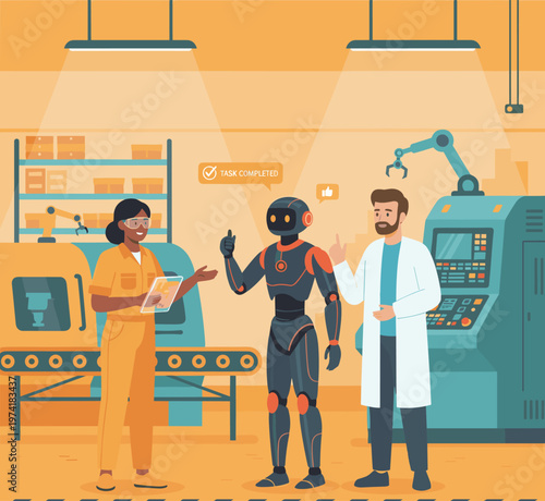 Concept flat vector illustration of manufacturing and AI robots.