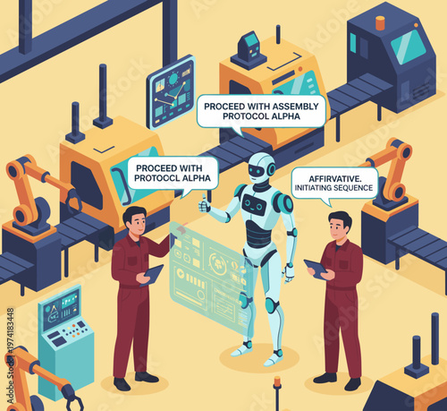 Concept flat vector illustration of manufacturing and AI robots.