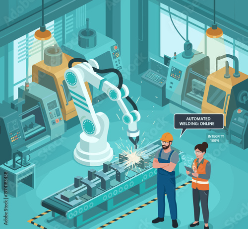 Concept flat vector illustration of manufacturing and AI robots.