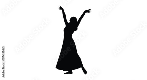 Woman raising arms in a joyful pose captured as a dark silhouette
