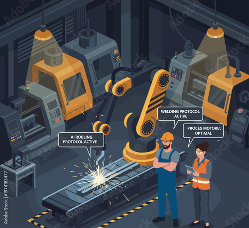 Concept flat vector illustration of manufacturing and AI robots.