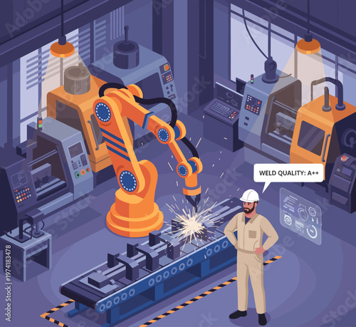 Concept flat vector illustration of manufacturing and AI robots.