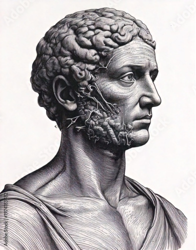 Ancient Roman bust of a stern-faced man in profile.
