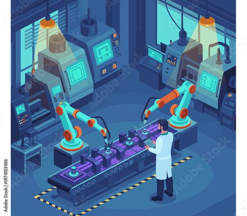 Concept flat vector illustration of manufacturing and AI robots.