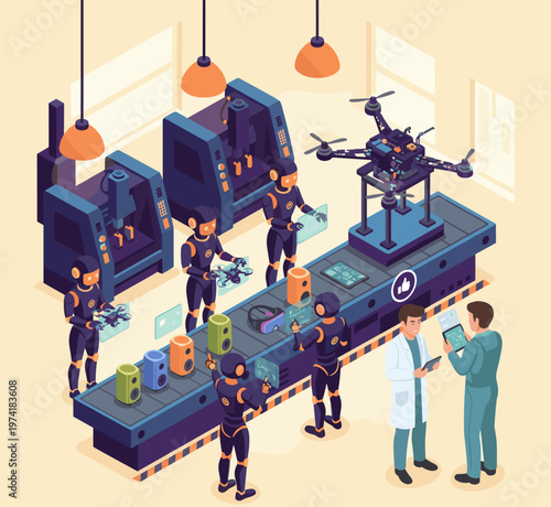 Concept flat vector illustration of manufacturing and AI robots.