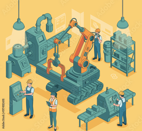 Concept flat vector illustration of manufacturing and AI robots.