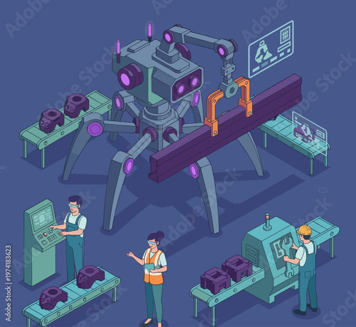 Concept flat vector illustration of manufacturing and AI robots.