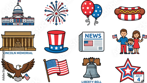 American Independence Day icons set including Capitol building, Fireworks, Hot dog, Lincoln Memorial, Uncle Sam hat, Newspaper, Family, Eagle, Flag, Liberty Bell and calendar with July 4th