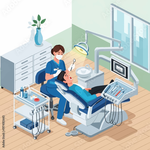 Dentist examining patient in modern clinic.