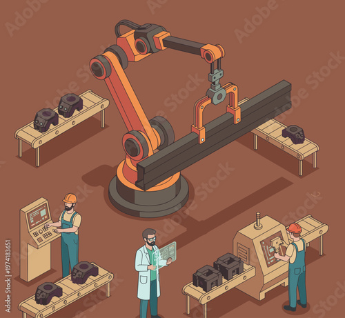 Concept flat vector illustration of manufacturing and AI robots.