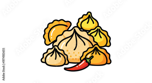 A colorful cartoon illustration of several dumplings, of different shapes and sizes, plus a red chili pepper. All set against a white backdrop