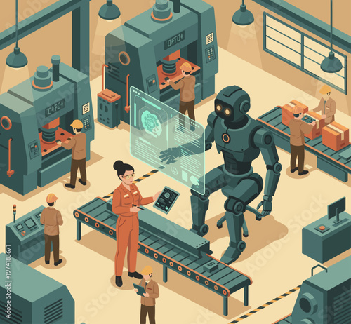 Concept flat vector illustration of manufacturing and AI robots.