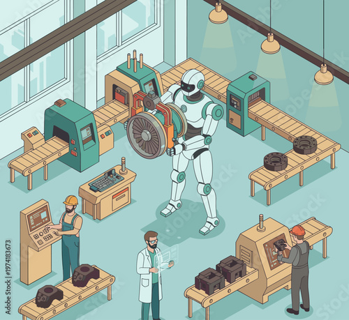 Concept flat vector illustration of manufacturing and AI robots.