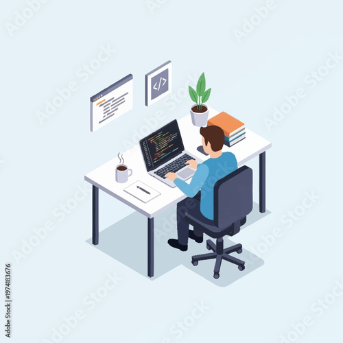 Man sitting at desk working on laptop.
