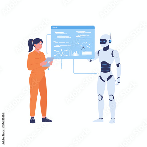 Concept flat vector illustration of manufacturing and AI robots.