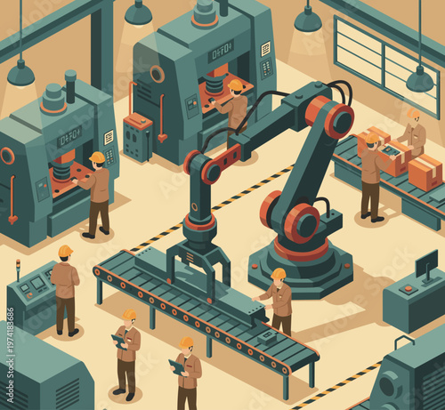 Concept flat vector illustration of manufacturing and AI robots.