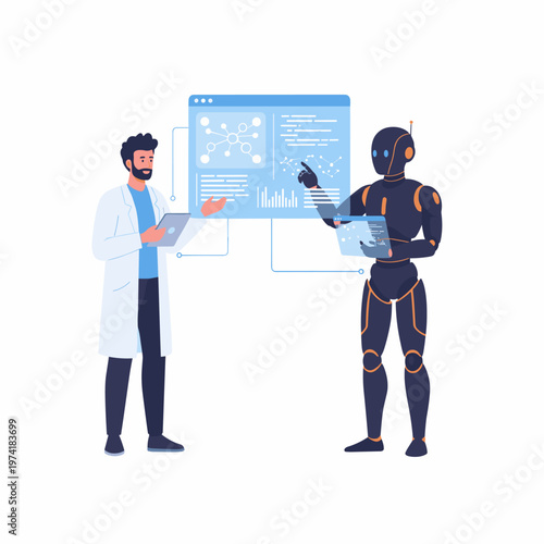 Concept flat vector illustration of manufacturing and AI robots.