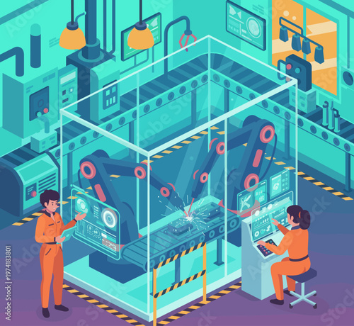 Concept flat vector illustration of manufacturing and AI robots.