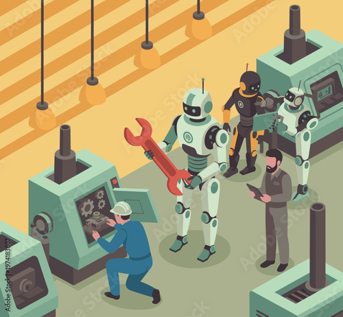 Concept flat vector illustration of manufacturing and AI robots.