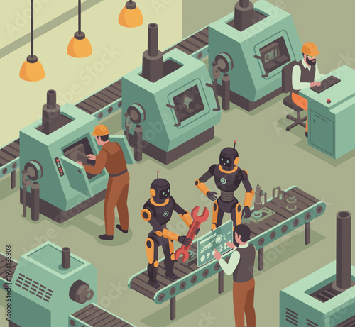 Concept flat vector illustration of manufacturing and AI robots.