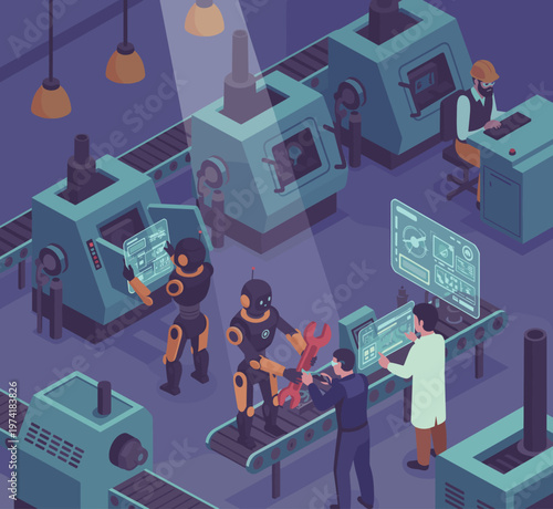 Concept flat vector illustration of manufacturing and AI robots.