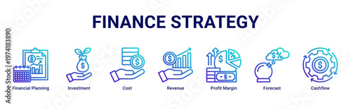 Finance Strategy web banner icon vector illustration with icons of Financial Planning,Investment,Cost,Revenue,Profit Margin,Forecast and Cashflow
