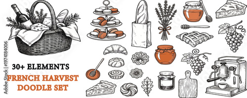 Food and wine brunch illustration. Doodle breakfast icon, coffee, pasta, Italian charcuterie, pizza, French croissant, cheese. Line hand drawn sketch. Vintage cafe, Mediterranean Italian food brunch