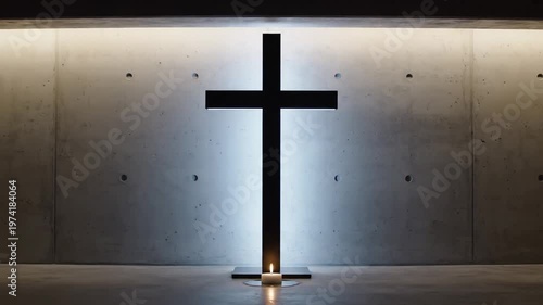 Modern Black Christian Cross with Candle in Concrete Room
