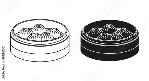 Two stacked bamboo steamers containing dim sum a black outline silhouette