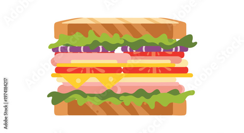 A vibrant illustration of a stacked sandwich showcases ingredients like lettuce, tomatoes, cheese, ham, and purple onions between two toasted slices of bread
