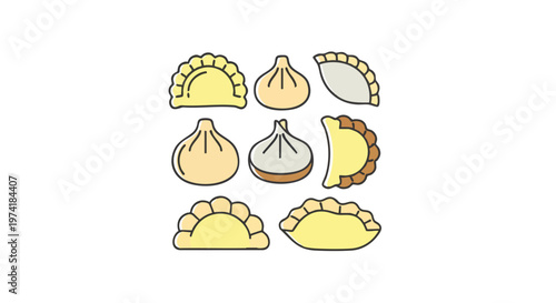 A vector illustration showcasing several different stylized dumpling shapes with varying colors and edge details, presented on a white background